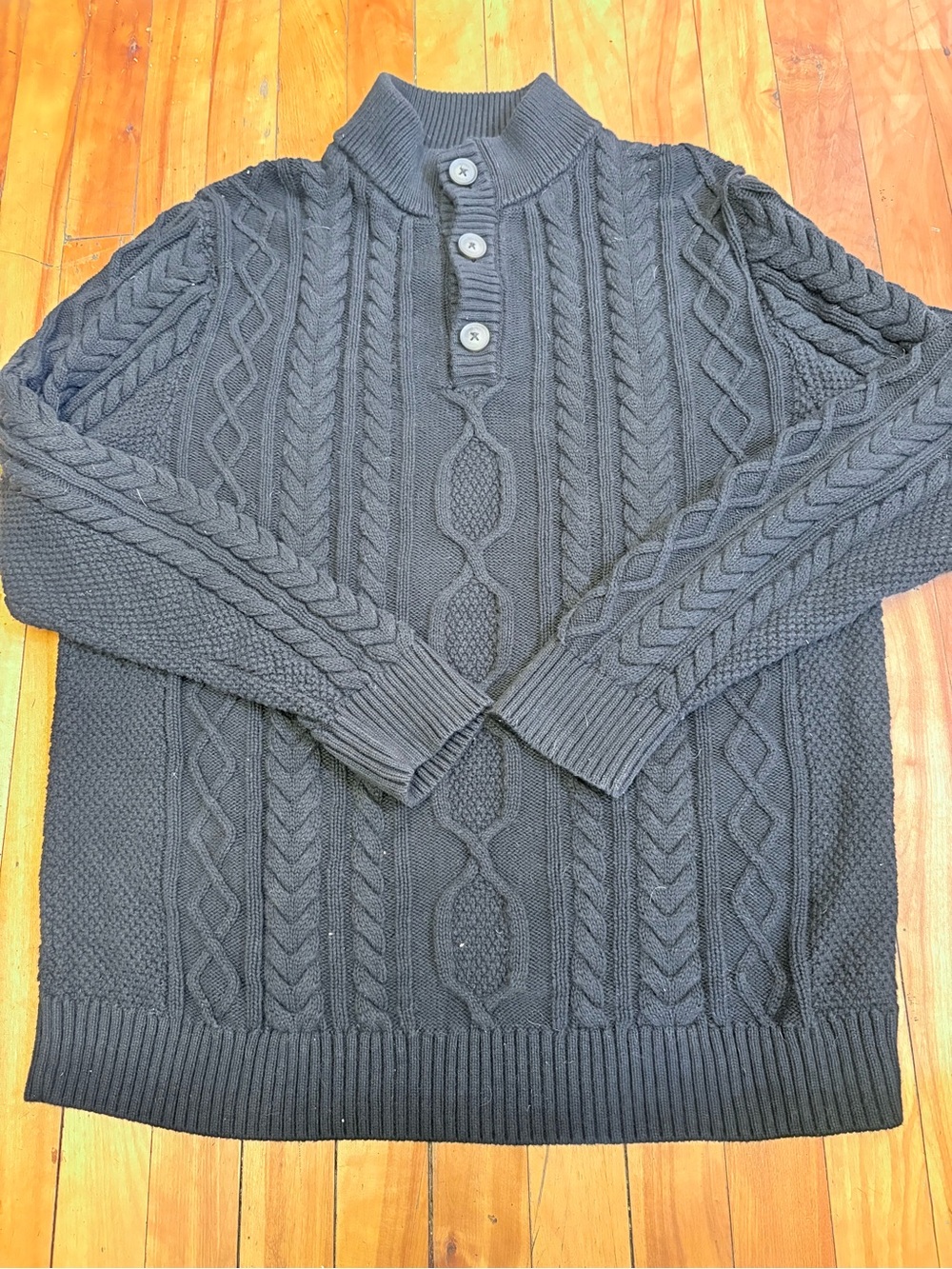 TILLEY Men's Black Cable-Knit Cotton Henley Mock-Neck Sweater - Large